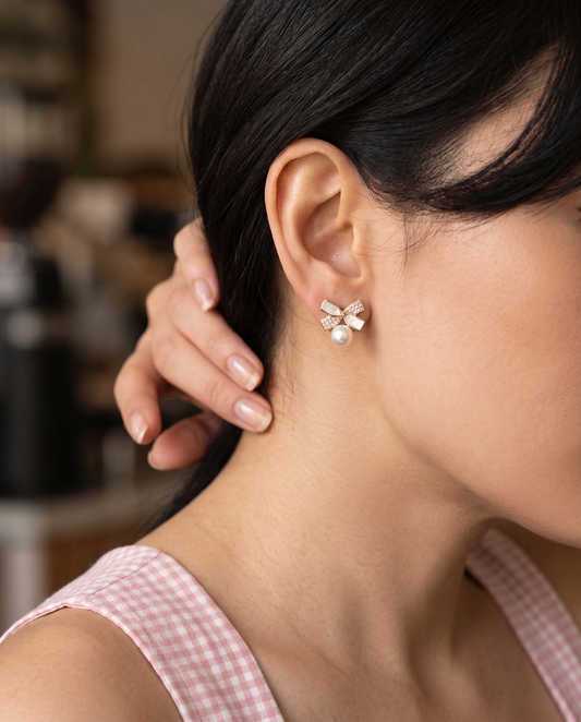Artist Enamel Bow Pearl Earring